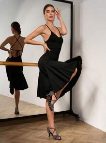Dansine Women Solid Color Mermaid Hem Spaghetti Strap Dress, Dancewear Dresses For Women Party Women Dresses Formal Prom Dresses For Women Latin Dancewear  Ballet Tutus Ballroom Dance Dresses/Skirts Dancewear/Dance Costumes/Dance Dresses/Dance Skirts - Black - View 4