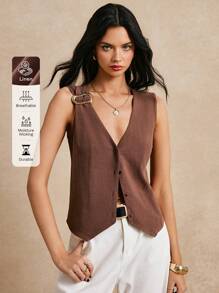 Poéselle 女士棕色金属装饰不对称扭纹无袖简约亚麻背心，春装，欧洲夏季，夏季女装，女士亚麻服装，日常休闲服装 - 棕色 - 查看 7