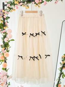 SHEIN Tween Girl Casual Cute Elegant Tulle Bow Puff Ball Skirt, Princess Style Skirt - Apricot - View 1