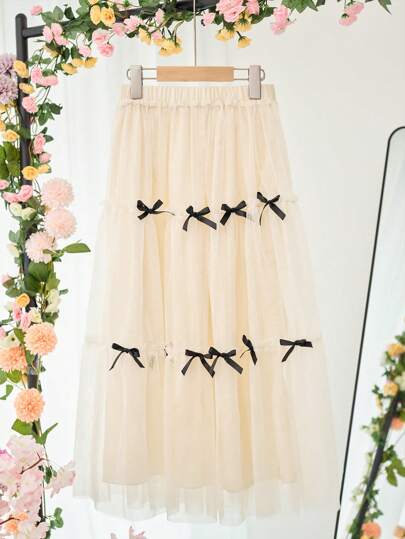 SHEIN Tween Girl Casual Cute Elegant Tulle Bow Puff Ball Skirt, Princess Style Skirt