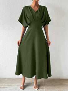 RosyDaze 女士 V 领收腰蝙蝠袖短袖连衣裙长款女装 - 軍綠色 - 查看 3