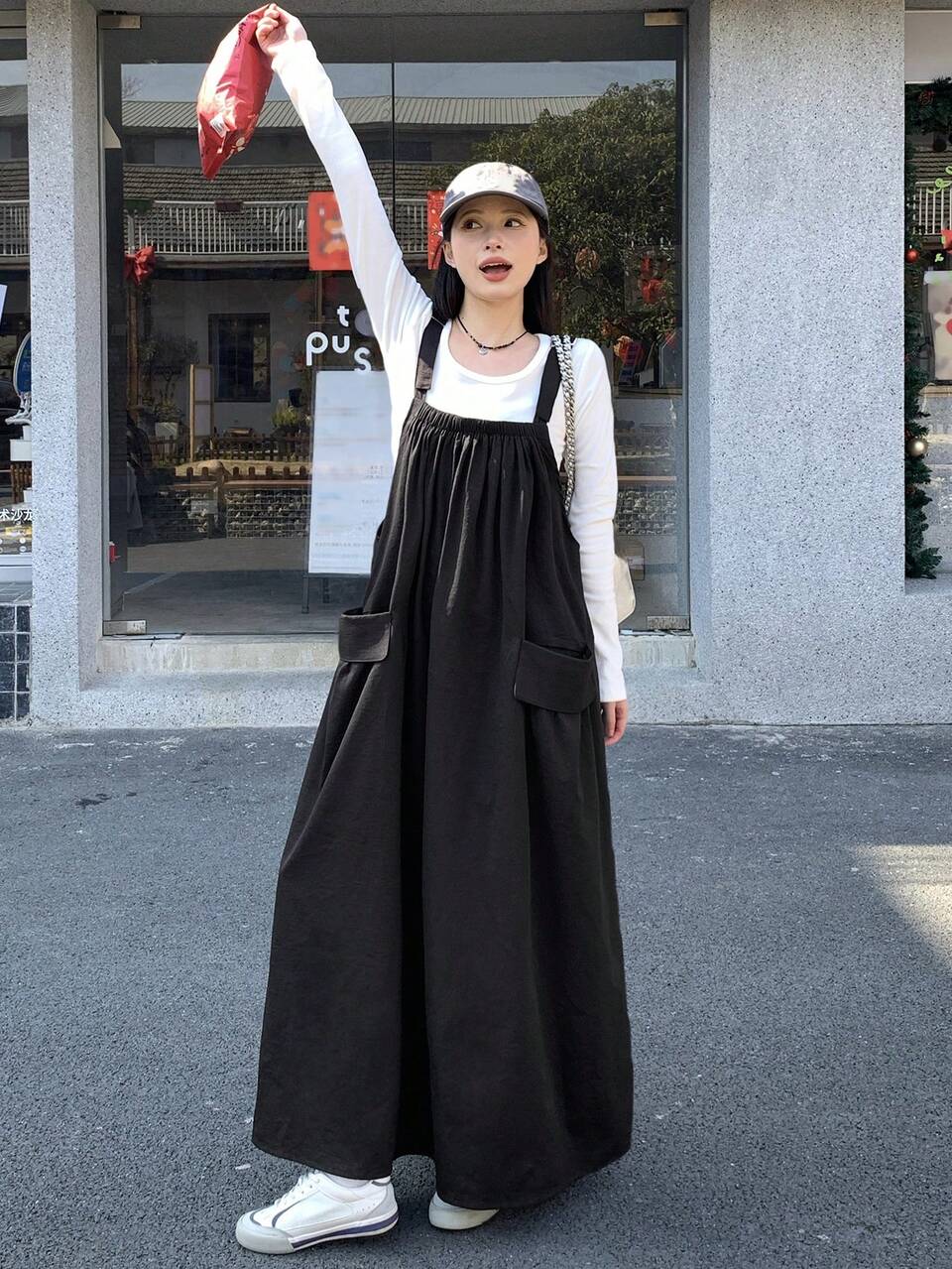 Women Casual Solid Color Pocket Pleated Overall Mid-Calf Dress Summer Maxi Dress
