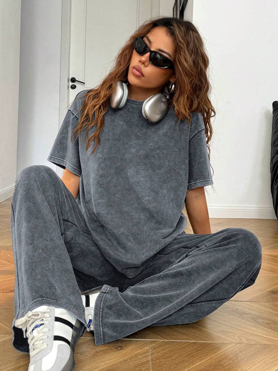 Muchica Plus Size 2pcs Set: Distressed Acetate Gray Melange Loose T-Shirt + Wide Leg Pants, Cotton Suit, Comfortable Spring/Summer Outfit Casual Sets For Women - Dark Grey - View 1