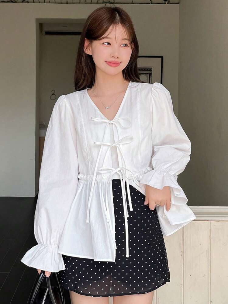 Women's Solid Color Frill Trim Front Tie Long Sleeve Top, Casual Daily Wear