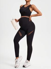 SHEIN Conjunto de 2 piezas de top cropped unicolor con panel de malla y leggings de cintura alta para maternidad, ropa deportiva para yoga y actividades al aire libre