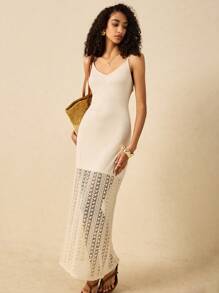 Poéselle 女式蕾丝下摆优雅细肩带中长连衣裙，女士度假装，春假装，度假太阳裙，海滩度假装，太阳裙 - 杏色 - 查看 6