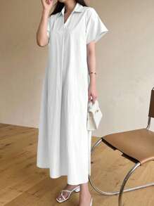 DAZY Đầm suông dài thường ngày cổ chữ V màu trơn có túi xéo Đầm sơ mi suông - trắng - Xem 4