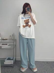 DAZY T-shirt femme ample d'été à imprimé ours de dessin animé avec col rond et épaules tombantes. "N'AYEZ PAS PEUR S'IL VOUS PLAÎT FAITES-MOI ME SENTIR SEUL" Hauts mignons Oversize T-shirt