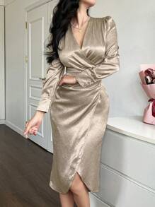 xheDAZY Vestido de manga abullonada con cuello en V, plisado y abertura lateral de unicolor de longitud media para mujeres, vestidos formales para mujeres, vestido largo de manga larga para otoñoxhe - Albaricoque - Ver 6