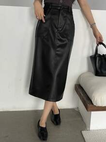 DAZY Solid Color PU Straight Slit Skirt For Women,Pencil Skirt,Fall Clothes Leather Skirt Winter Women Skirts