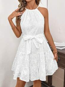 Gownix Elegant Solid Color Floral Embroidery Halter Dress,  Beach Outfits For Woman - White - View 5