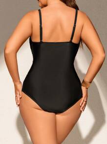 SHEIN Swim Curve Plus Size Women Solid Color Hollow Out Sexy Silver Decoration Sleeveless Casual Vacation Swimsuit