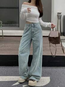 FRIFUL Jeans de pierna ancha casual y desgastados decorados con perlas para mujeres