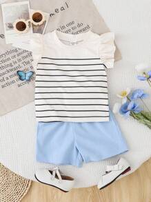 Baby Girl Striped Crew Neck Cap Sleeve Top And Shorts Casual Set - Blue and White - View 2