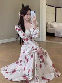 DAZY 印花泡泡袖中长款女式连衣裙，荷叶边，秋季长袖连衣裙 - 杏色 - 查看 12