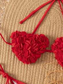 SHEIN Swim Beach Outfits For Women, Solid Color Handmade 3D Flower Sexy Bikini Set For Summer Beach Vacation - Red - View 5