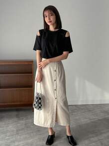 FRIFUL Women's Hollow Out Shoulder Short Sleeve T-Shirt - Black - View 2