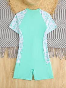 Girls' Cute Leaf Print Short Sleeve One-Piece Swimsuit (Random Print) - Green - View 2