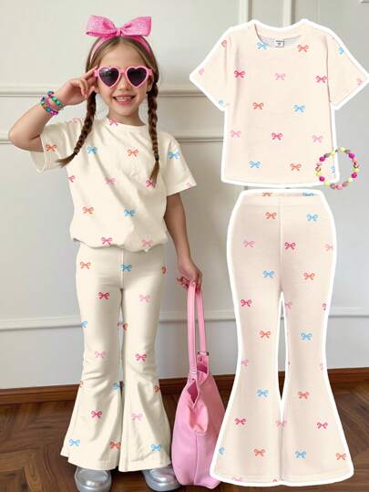 SHEIN 2pcs/Set Young Girls Cute Colorful Mini Bow Cartoon Pattern Round Neck Short Sleeve Top And Flared Pants Set, Casual & Simple, Suitable For Spring & Summer