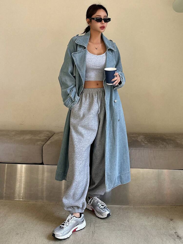 Women's Casual Long Denim Jacket With Lapel Collar & Double-Breasted, Autumn,Back To School Clothes