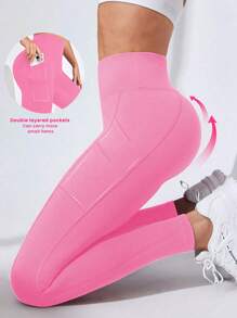Easithlete 女式高腰紧身裤，双层口袋，适合瑜伽、跑步和锻炼 - 玫紅色 - 查看 1