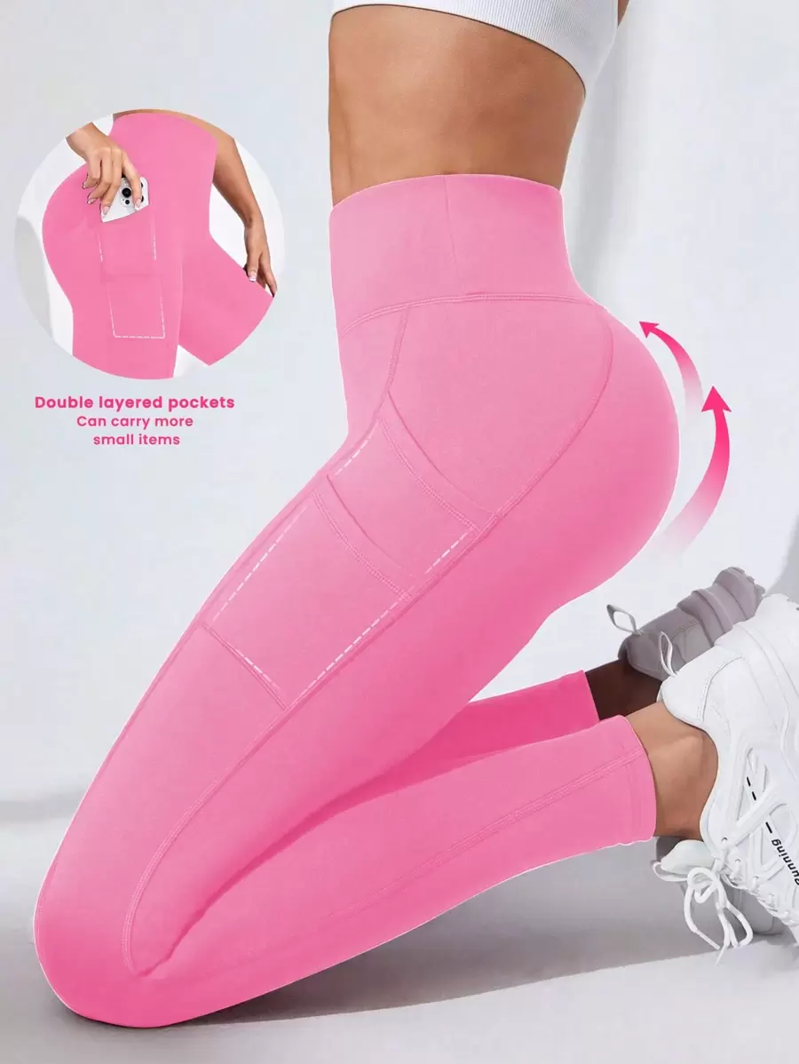 Easithlete 女式高腰紧身裤，双层口袋，适合瑜伽、跑步和锻炼 - 玫紅色 - 查看 1