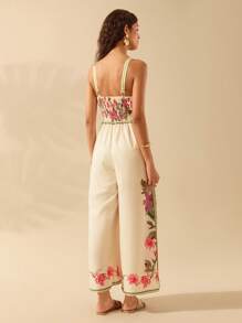 CAJUNI Women's Casual Summer Sleeveless Boho Tropical Floral Print Beige Wide Leg Jumpsuit