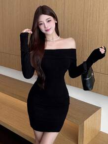 DAZY 1 件女士露肩迷你连衣裙，短款返校装优雅秋季连衣裙长袖连衣裙