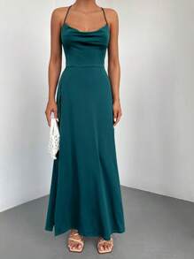 EURMUSE Draped Front Split Thigh Criss Cross Back Cami Dress - Màu xanh lá cây đậm - Xem 5