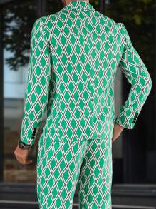 Manfinity AFTRDRK 男士缺口翻领钻石格纹绿色撞色派对日常穿着西装外套西裤套装，男士两件套西装，男友礼物 - 綠色 - 查看 4