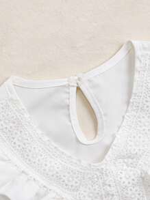 2pcs/Set Tween Girls Ruffle Accent Puff Sleeve Top In White & Khaki Shorts With Belt - Multicolor - View 7