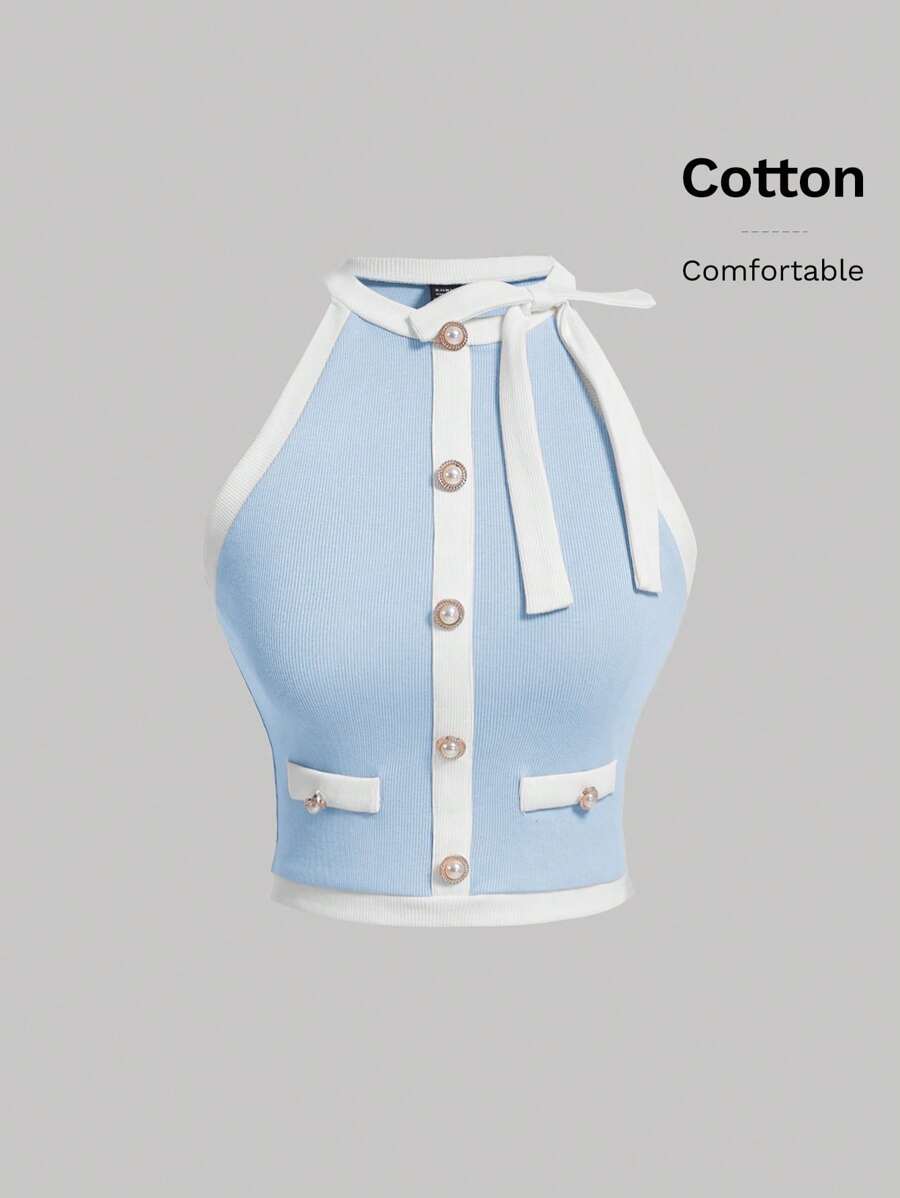 SHEIN MOD Women's Color-Blocked Halter Top With Front Buckle Decoration And Rim Embellishment