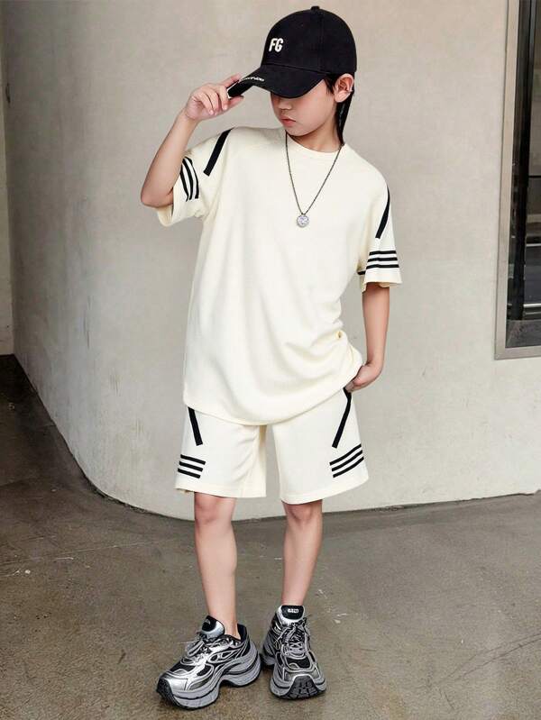 Genkimix Kids Tween Boys Summer Casual Breathable Sports Simple Print T-Shirt And Shorts 2 Pieces Set