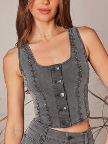 WESTFADE 西部牛仔女铆钉圆领前纽扣无袖修身牛仔背心春假可爱上衣 - 深灰色 - 查看 2