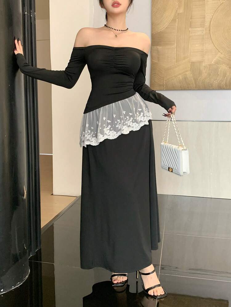 2pcs/Set Women's Lace Trim Off Shoulder Fitted Tank Top & Flared Skirt Set,Fall Women Clothes