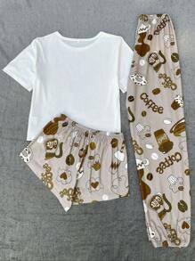 Letter and Graphic Print Top & Shorts & Trousers PJ Set - Multicolor - View 2