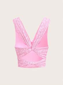Sweetina Camiseta ajustada elegante con cuello drapeado, acabado con flocado y fruncido - Rosa - View 7