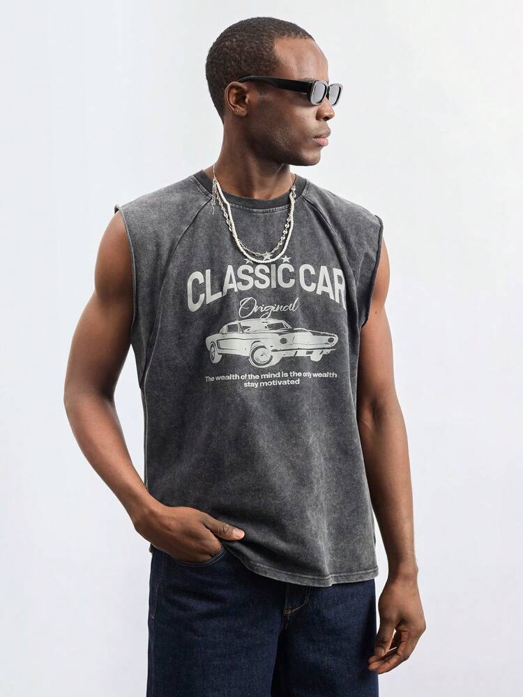 SHEIN Maija Men's Casual Washed Car Logo Print Tank Top
