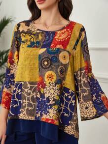 Lacomfia 2pcs/Set Women Casual Floral Patchwork Short Sleeve Top And Wide Leg Pants Set