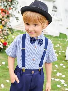 SHEIN 男小童領結條紋襯衫和背帶短褲