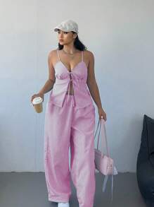 Flirla 性感女士条纹V领吊带背心和阔腿裤套装 - 粉色 - 查看 1