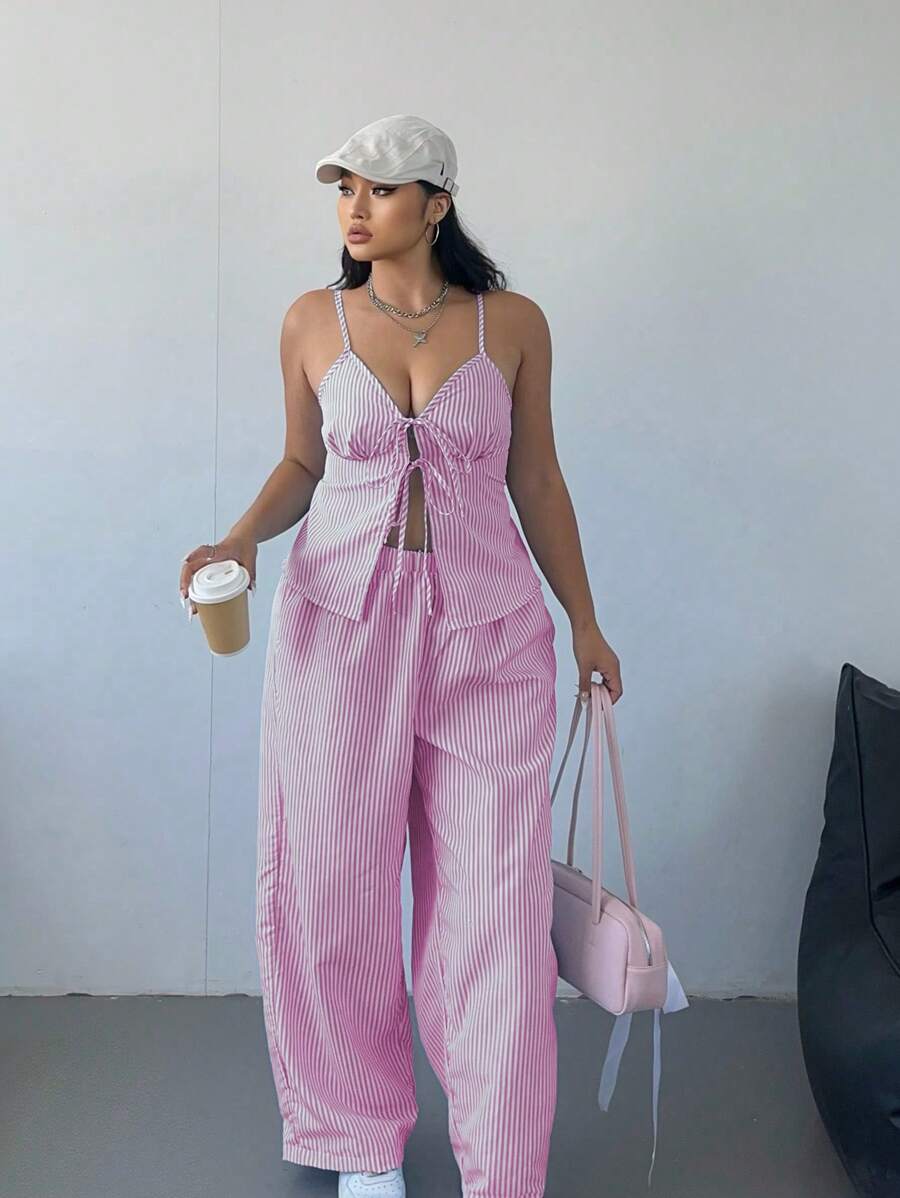 Flirla 性感女士条纹V领吊带背心和阔腿裤套装 - 粉色 - 查看 1