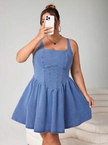 SHEIN CURVE+ 大码女式牛仔无袖迷你连衣裙，甜美茶长，蓝色 - 藍色 - 查看 5