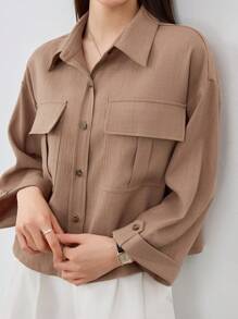 Dazy-Less Women's Loose Casual Business Style Short Sleeve Shirt Old Money Style Linen Preppy Tops - Camel - View 2