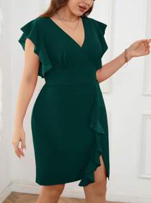 SHEIN Privé 大码女式优雅红色连衣裙，带短袖、V 领和开衩下摆，适合浪漫约会、晚餐、日常穿着、春夏派对 - 墨綠色 - 查看 3