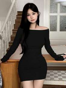 DAZY Women's Solid Color Off-Shoulder Long Sleeve Fitted Elegant Dress,Fall Clothes