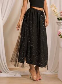 Glamine Falda con sobreposición de malla de talle alto