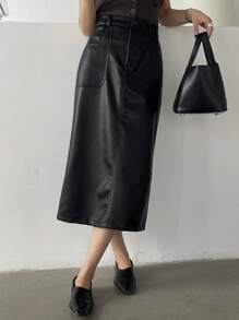 DAZY Solid Color PU Straight Slit Skirt For Women,Pencil Skirt,Fall Clothes Leather Skirt Winter Women Skirts