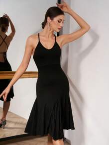 Dansine Women Solid Color Mermaid Hem Spaghetti Strap Dress, Dancewear Dresses For Women Party Women Dresses Formal Prom Dresses For Women Latin Dancewear  Ballet Tutus Ballroom Dance Dresses/Skirts Dancewear/Dance Costumes/Dance Dresses/Dance Skirts - Black - View 7