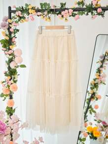 SHEIN Tween Girl Casual Cute Elegant Tulle Bow Puff Ball Skirt, Princess Style Skirt - Apricot - View 2